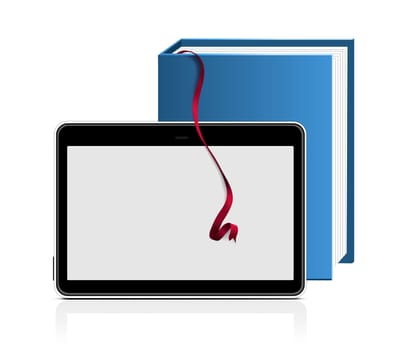 E-book reader with book and red bookmark. Vector illustration