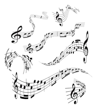 Set of curling, vector musical notes staff on white
