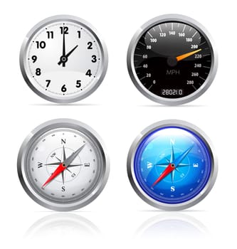 Glossy clock, speedometer and compass set illustration on white background