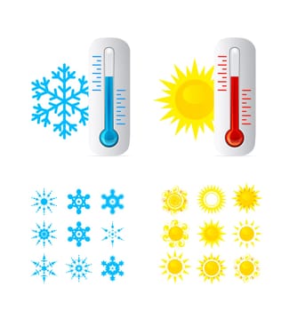 Thermometer Hot And Cold Temperature. Also Sun and snowflakes icons set. Vector iilustration