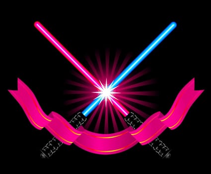 Crossed light sabers with ribbon vector illustration on black