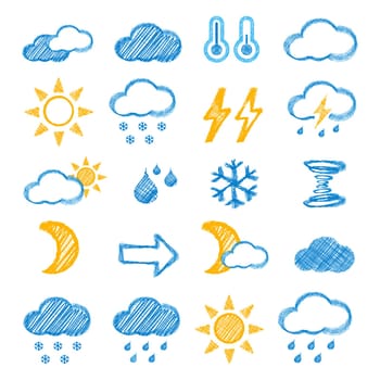 Weather icons doodles hand drawn set on white