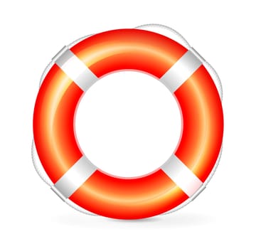 Realistic red lifebuoy with rope on white background