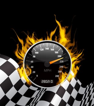 Racing Background with burning speedometer and checkered flag