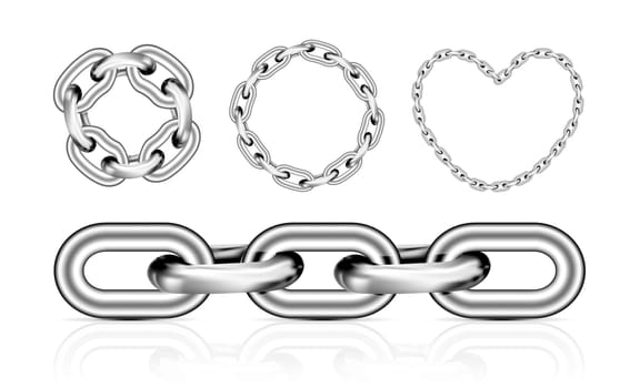 Collection of metal chain parts on white background. Vector illustration. Mesh tool used