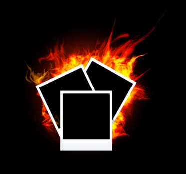 Burning photo frame on black background. Vector illustration