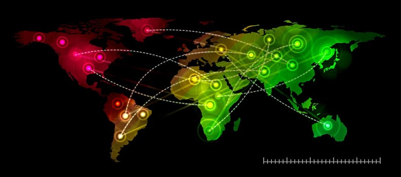 Illustration world map on black. Concept communication.