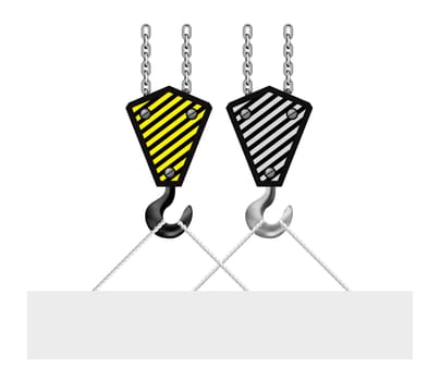 Construction crane hook lifting blank board on white background. Vector illustration