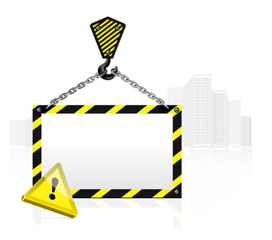Crane hook with blank poster on the background buildings. Vector illustration
