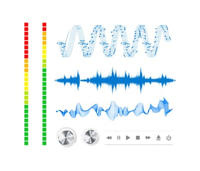 Notes, buttons and sound waves. Music background.