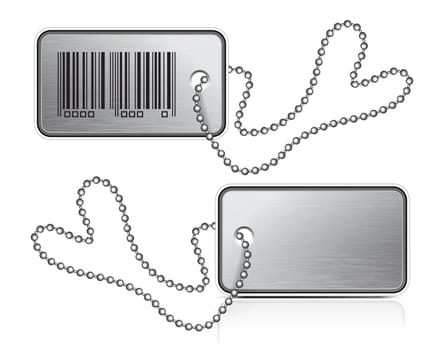Metallic tag and chain,tag showing brushed metal texture and barcode. Vector illustration
