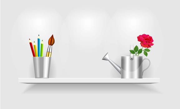 Shelf with accessories on grey background with spotlight