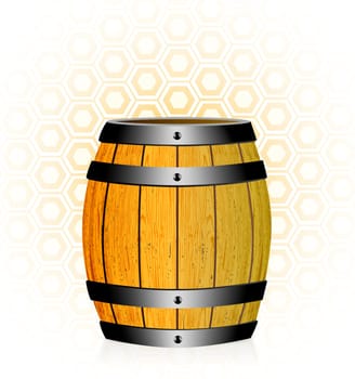 wooden barrel with honey on honeycomb cell background