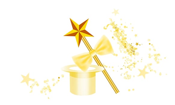 Magic background with wand, bow and hat on wihte. Vector illustration