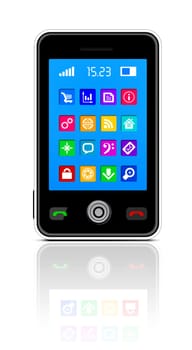 Touchscreen smartphone with applications icon on white