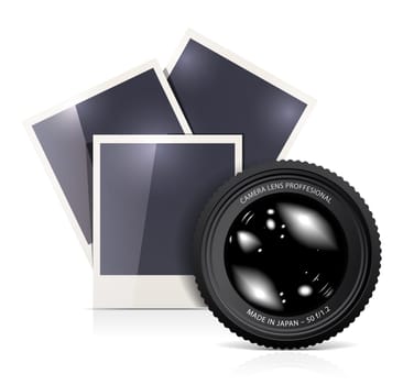 Lens with photo frame on white background. Vector illustration
