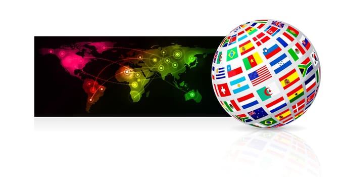 Globe frome flag on world map background. Vector illustration