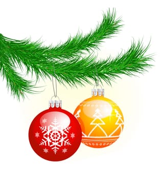Christmas tree branch and balls on white background. Vector illustration