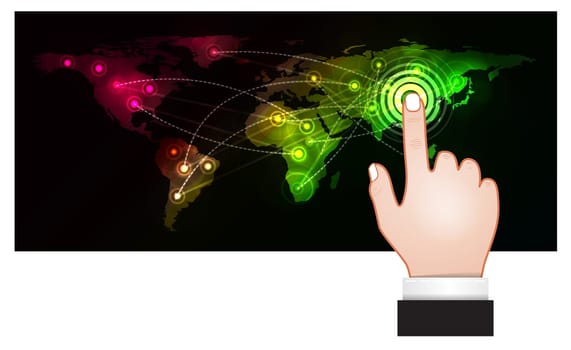 Hand pressing a map point button on a touch screen interface