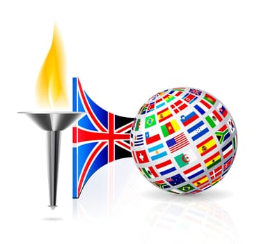 Torch with flame with england flag and globe from flags other countries. Vector illustration
