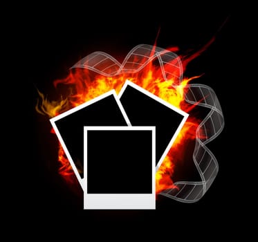 Burning photo frame on black background. Vector illustration