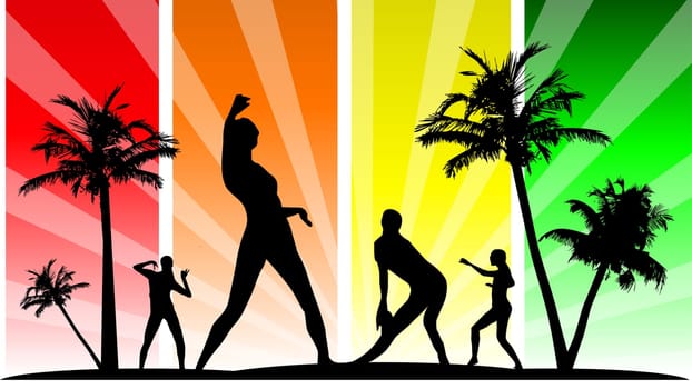 Vector editable dancing silhouette group with palm tree
