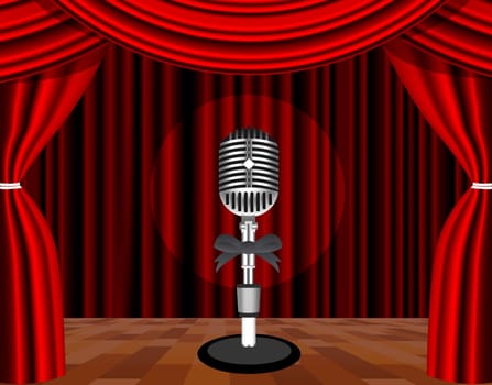 A microphone on a stage with a spotlight on it. Vector illustration