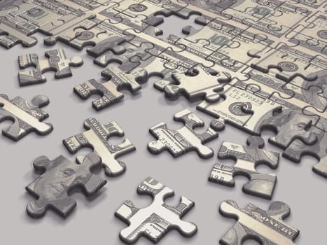 Puzzle game with notes of dollars, concept of business and finance.