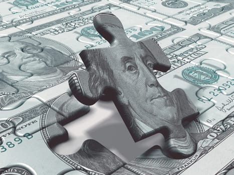 Puzzle game with notes of dollars, concept of business and finance.