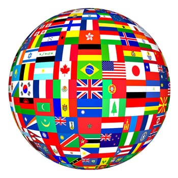 Globe on white background with flag of various countries.