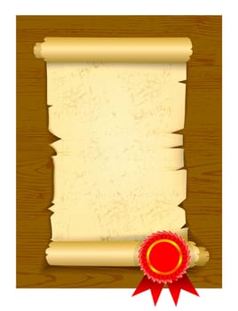 Old manuscript on wooden floor with award rosette. Vector illustration