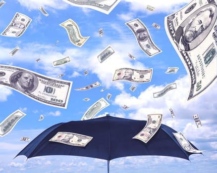 Rain dollars, concept of wealth, easy gain money.