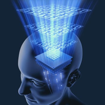 Binary code emerging from inside the head. Concept of technology in modern life.