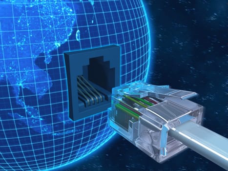 RJ-45 cable connecting the planet earth. Concept interconnected world.