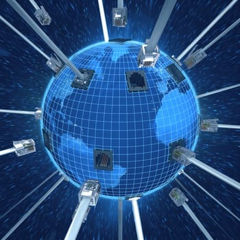 RJ-45 cable connecting the planet earth. Concept interconnected world.