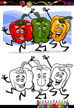 Coloring Book or Page Cartoon Illustration of Three Peppers Vegetables Red and Green and Yellow Funny Food Objects Group for Children Education