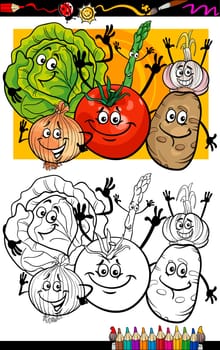 Coloring Book or Page Humor Cartoon Illustration of Comic Vegetables Food Objects Group for Children Education