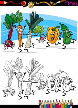 Coloring Book or Page Cartoon Illustration of Running Vegetables Funny Food Objects Group for Children Education