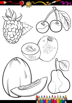 Coloring Book or Page Cartoon Illustration of Different Black and White Fruits Food Objects Set