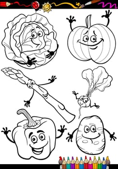 Coloring Book or Page Cartoon Illustration of Black and White Vegetables Food Comic Characters Set