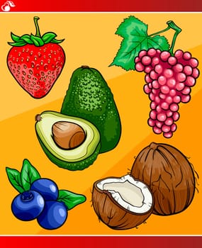 Cartoon Illustration of Fruits Vegetarian Food Object Set