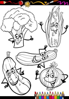 Coloring Book or Page Cartoon Illustration of Black and White Vegetables Food Comic Characters Set