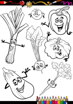 Coloring Book or Page Cartoon Illustration of Black and White Vegetables Food Comic Characters Set