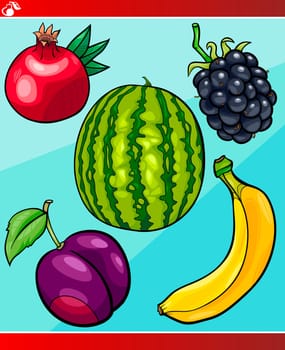 Cartoon Illustration of Fruits Vegetarian Food Object Set