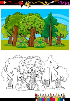 Coloring Book or Page Cartoon Illustration of Trees and Bushes in the Forest for Children Education