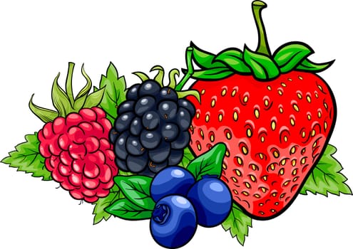 Cartoon Illustration of Four Berry Fruits like Blueberry and Blackberry and Raspberry and Strawberry Food Design