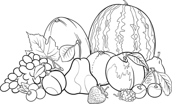 Black and White Cartoon Illustration of Fruits Group Food Design for Coloring Book