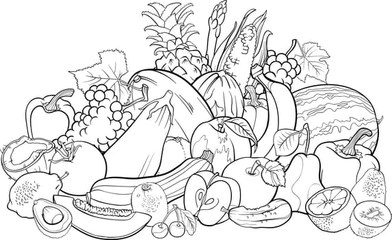 Black and White Cartoon Illustration of Fruits and Vegetables Big Group Food Design for Coloring Book