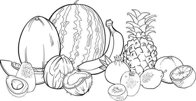 Black and White Cartoon Illustration of Tropical Fruits Food Design for Coloring Book