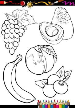 Coloring Book or Page Cartoon Illustration of Black and White Fruits Food Objects Set